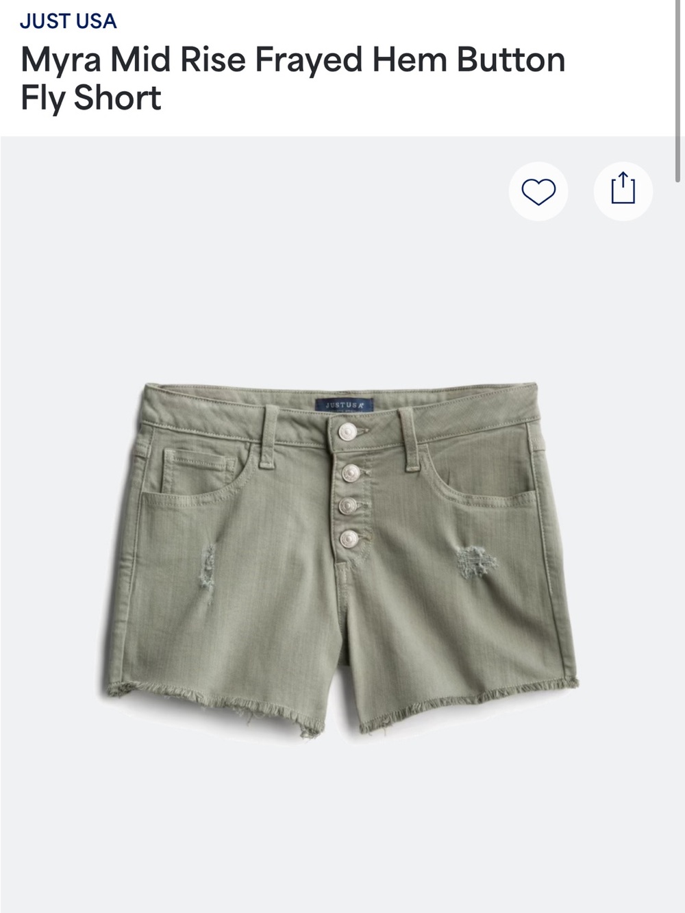 JUST USA Myra Mid-Rise Frayed Hem Button-Fly Shorts - Sage Green
